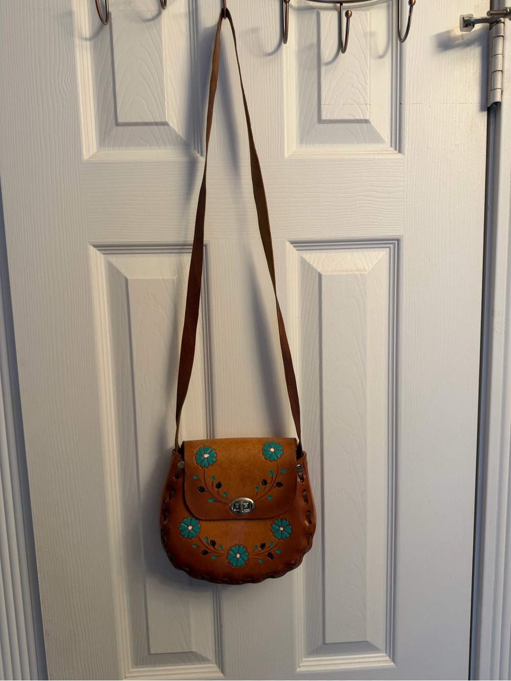 Brown Floral Crossbody Bag with Turquoise Accents